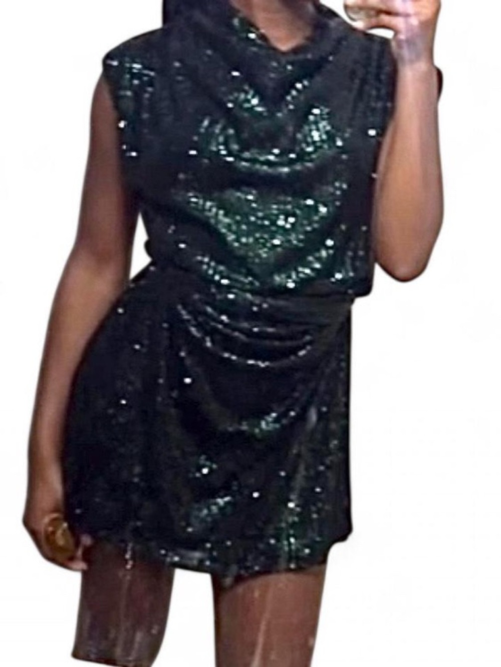 Cable & Gauge Sequin Cowl Neck Layered Mini Dress - Emerald Green